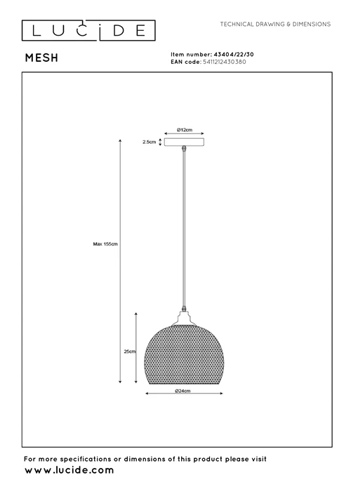 Lucide MESH - Suspension - Ø 22 cm - 1xE27 - Noir - technique